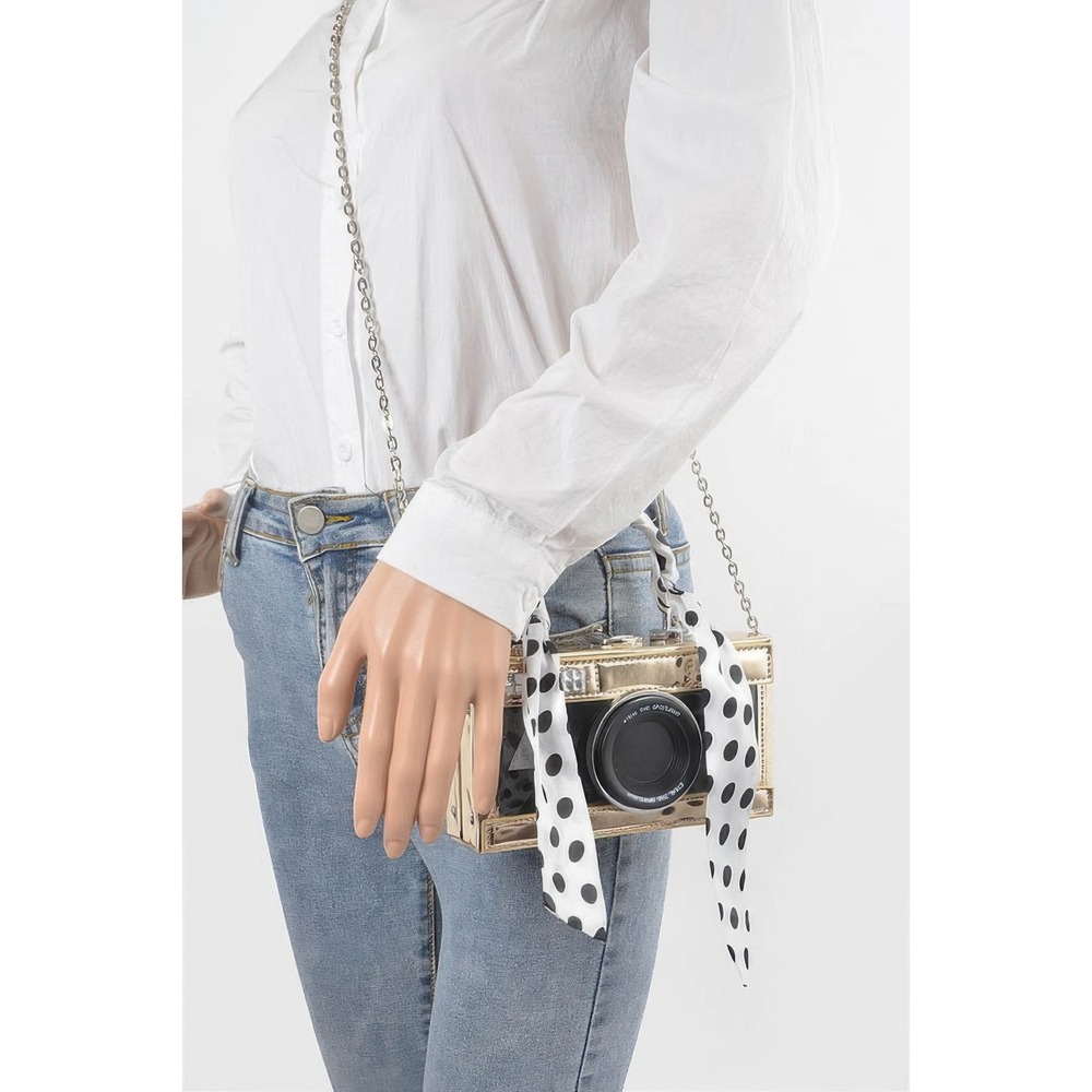 Gold Camera Novelty Box Clutch Crossbody Bag with Polka Dot Scarf Handle - Picture 5 of 5